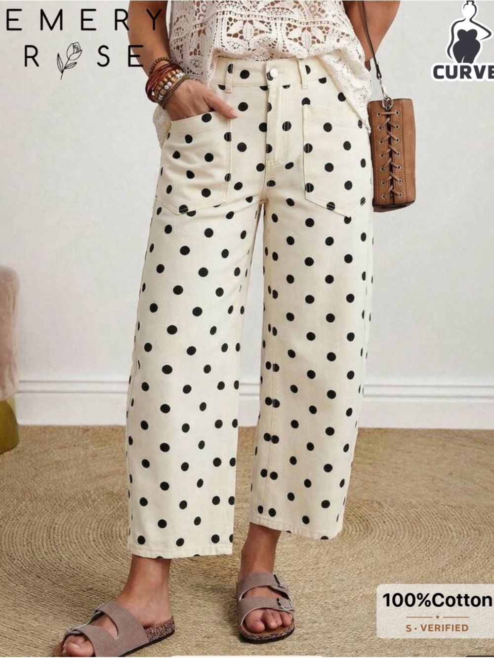 SHEIN Ivory Wide-Leg Polka Dot Cotton Pants
